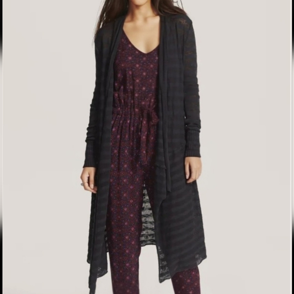 Free People Forget Me Not Stripe Drape Front Cardigan in Charcoal Color